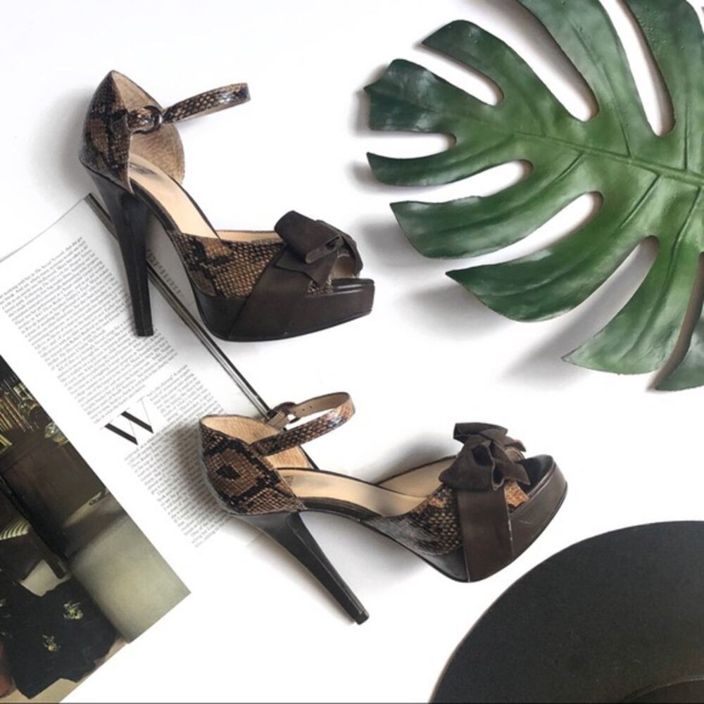 14th & Union Brown Snake Print Peep Toe Bow Heels